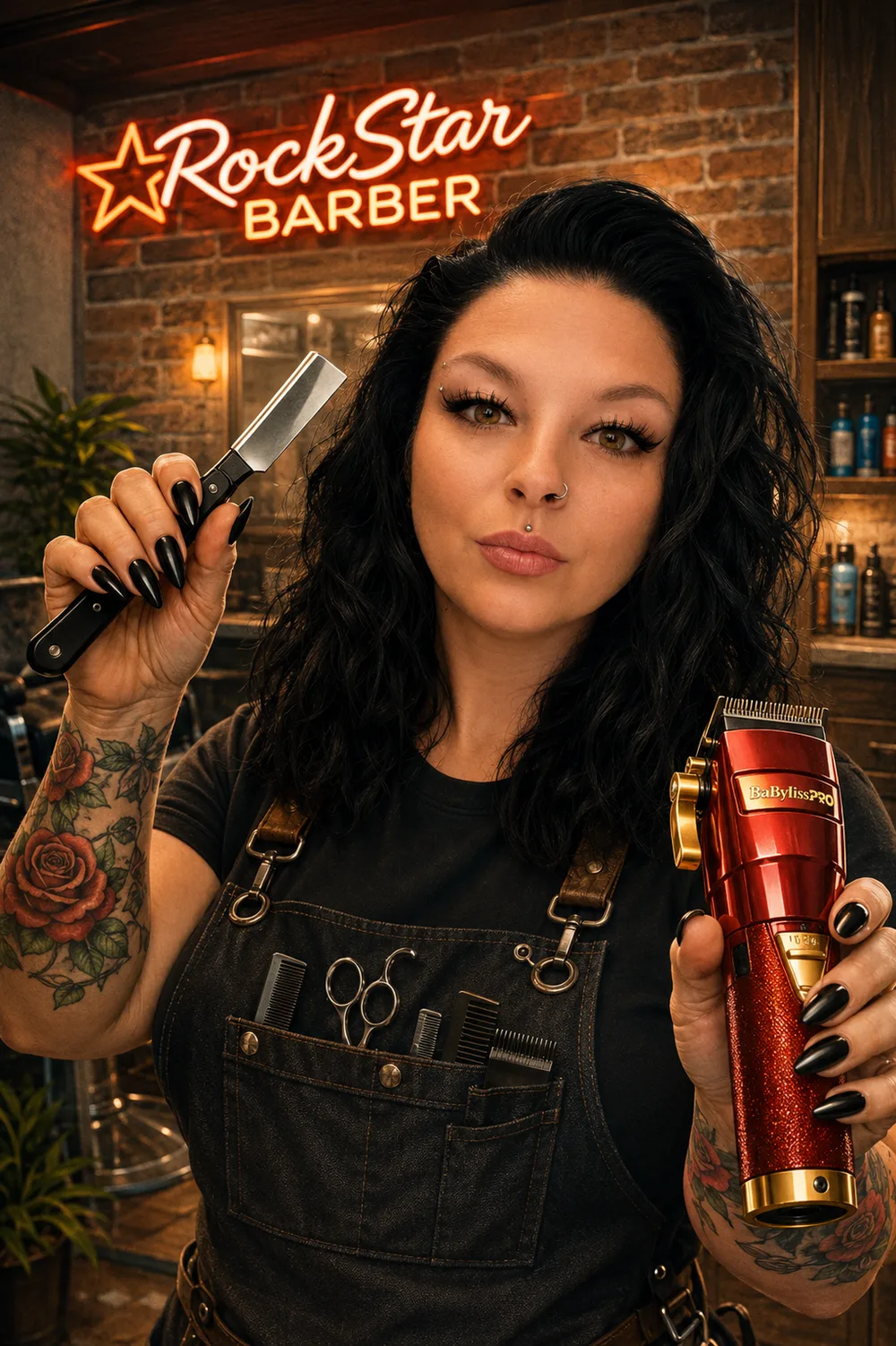Rheanna Bentley, owner of RockStar Barber in Thornton, holding a straight razor and BaByliss Pro clippers in front of the RockStar Barber neon sign