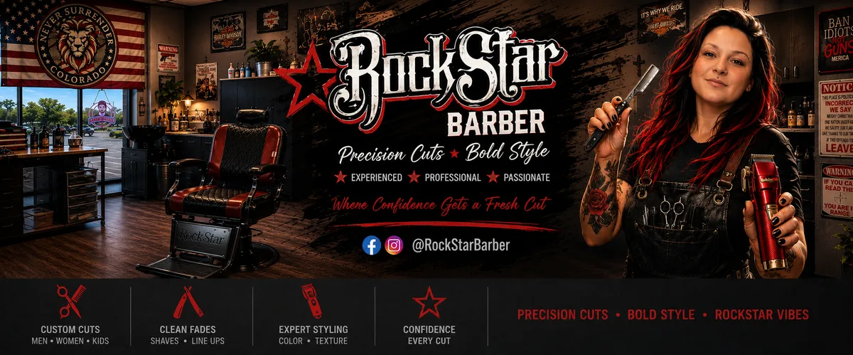 RockStar Barber studio interior with barber chair, branding, and Rheanna Bentley holding a straight razor and clippers