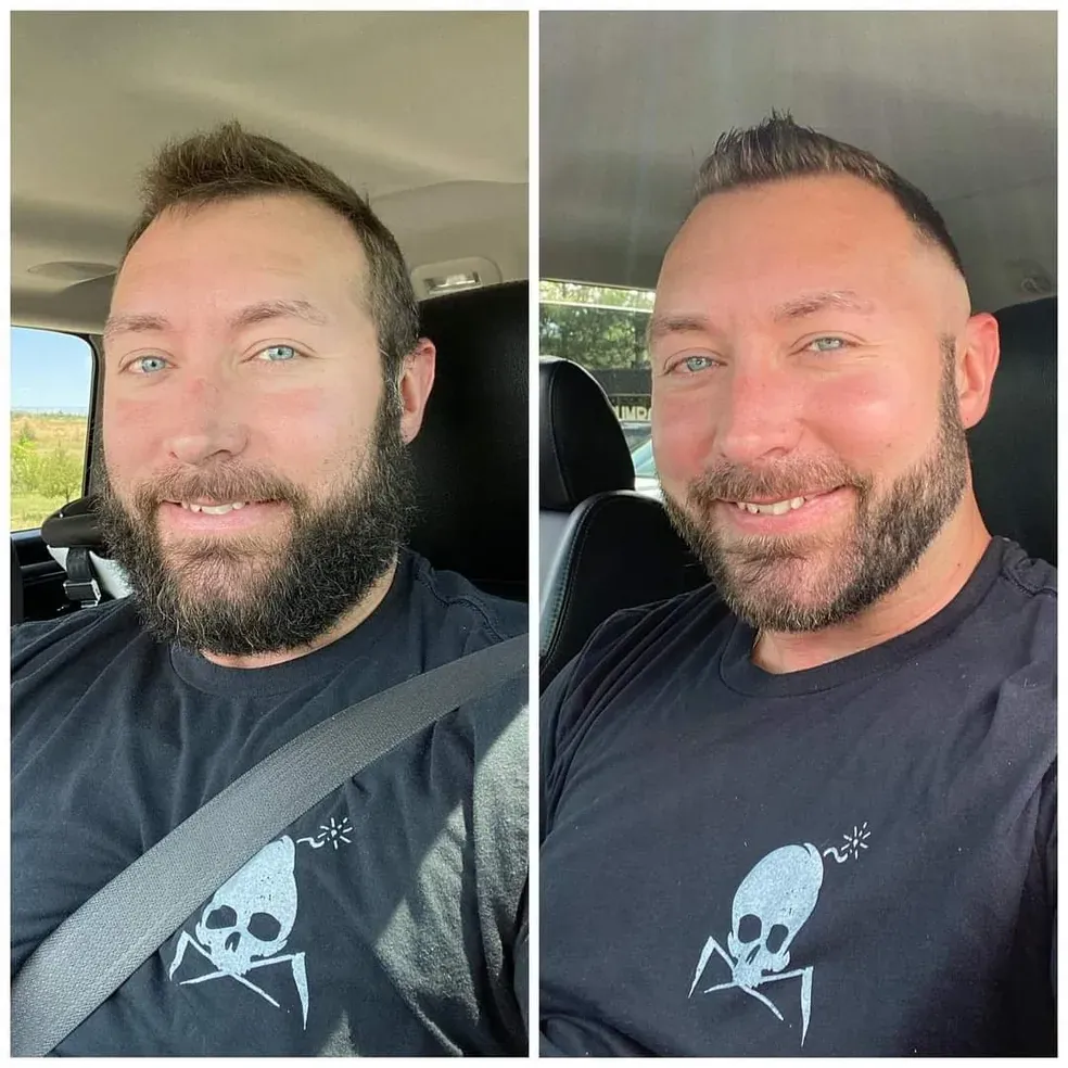 Hair color and cut transformation shown before and after